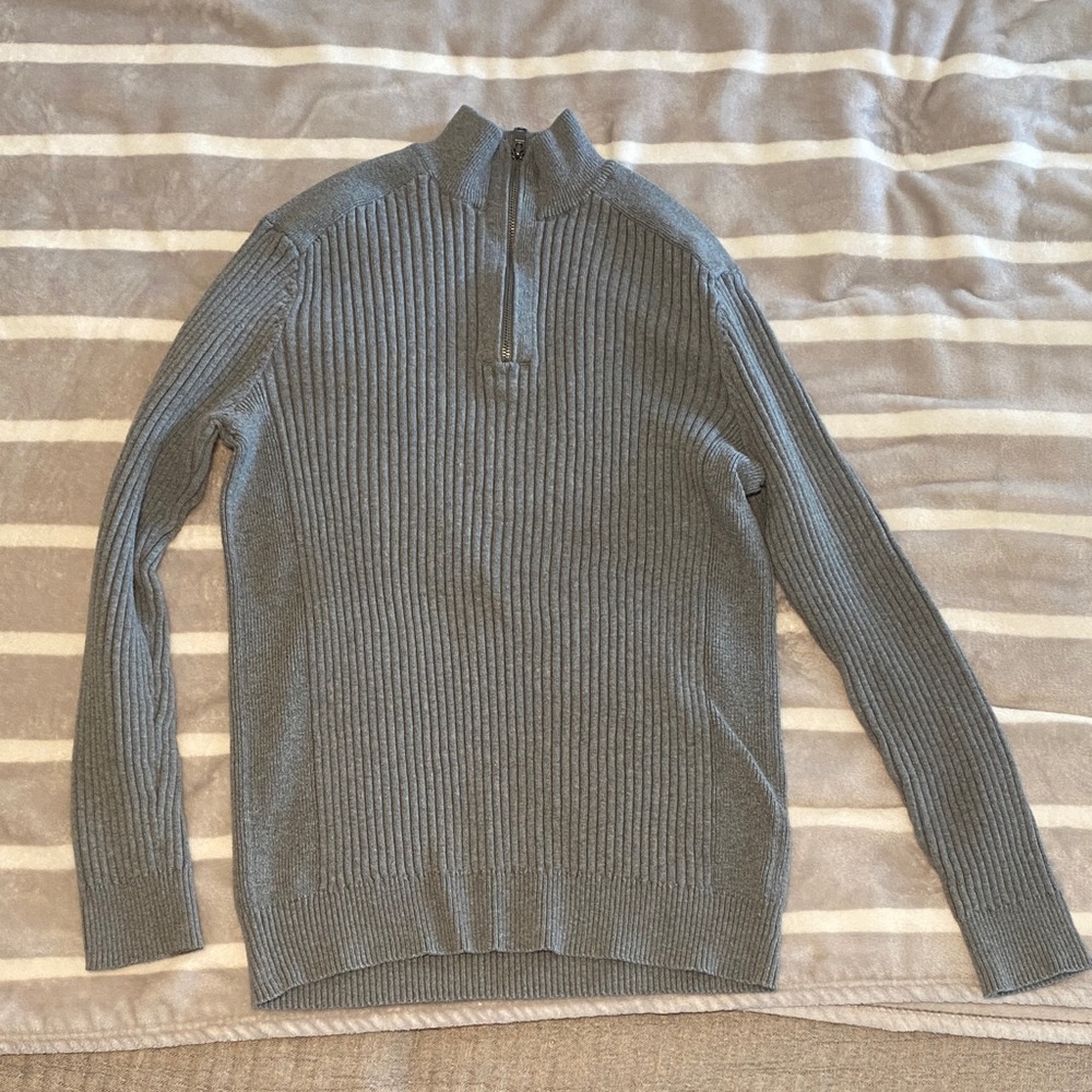 Gray Ribbed Half-Zip Sweater